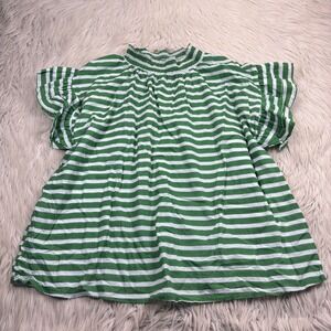 Sunshine Tienda Women's OS Green Striped Ruffle Sleeve Blouse Mock Neck Resort